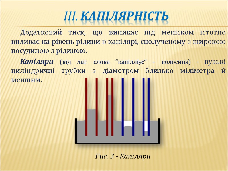 ІІІ. капілярність Додатковий тиск, що виникає під меніском істотно впливає на рівень рідини в